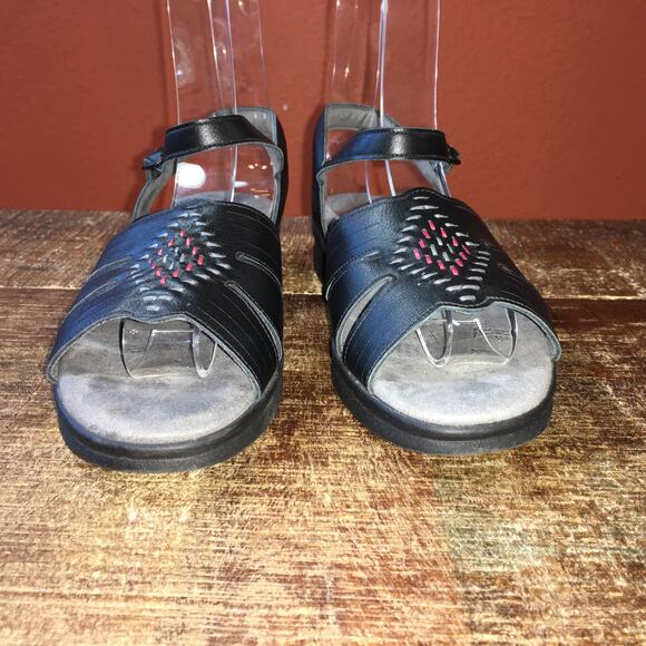 SAS Huarache Quarter Strap Sandal Womens 7 M Black Leather Southwest Woven - Picture 2 of 9